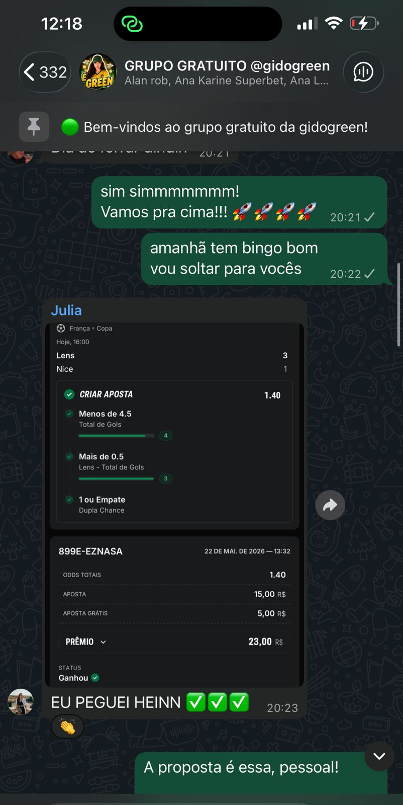 Grupo gratuito @gidogreen: membro ganhou R$23,00 com aposta de R$15,00